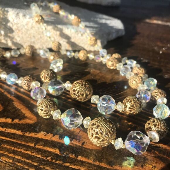 Vintage Aurora Borealis Iridescent Crystal and Gold tone 2 Strand Necklace 217 - Picture 1 of 12